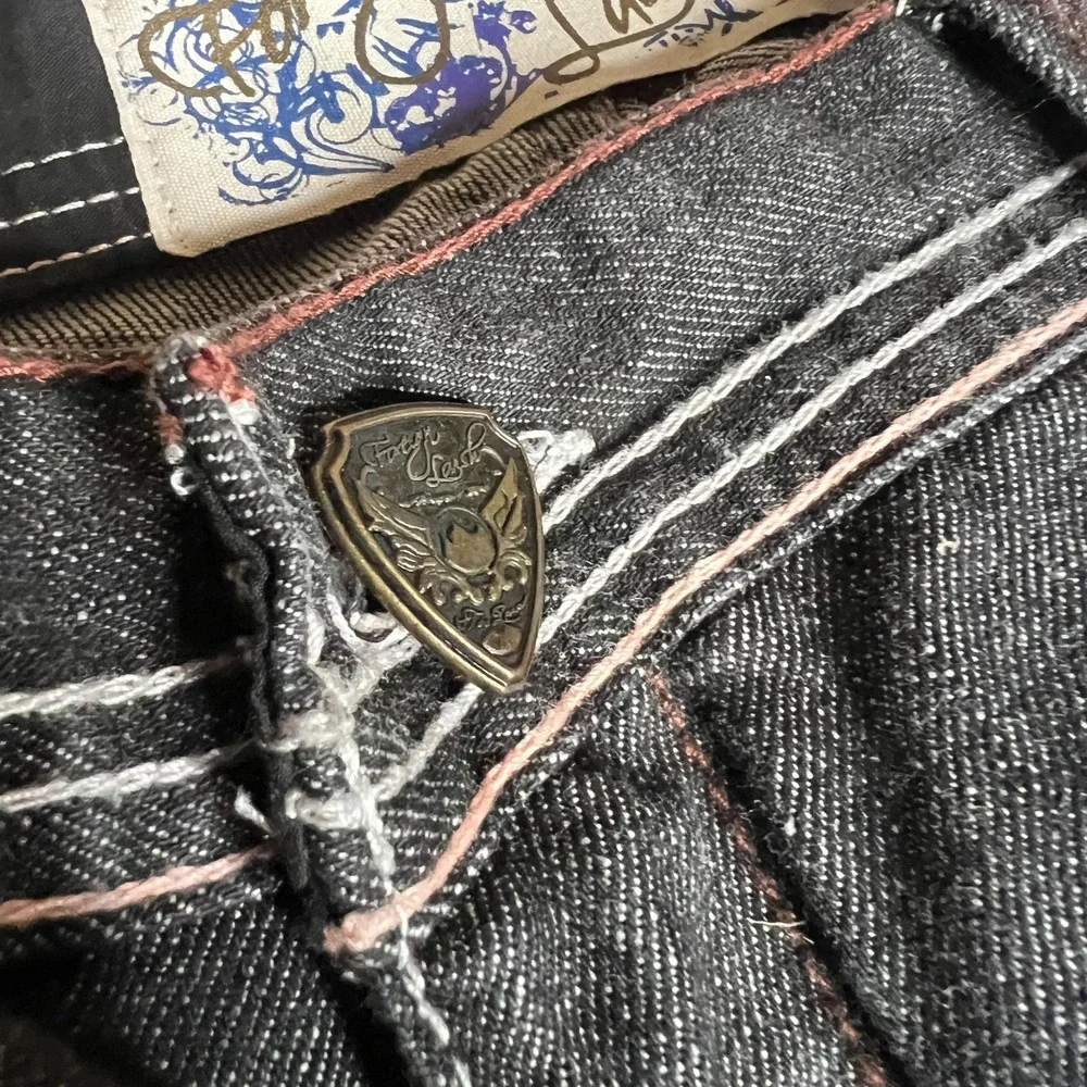 Foreign Lavish Mens 44 Dark Wash Baggy Denim Jeans Gun Embroidery Y2K Streetwear